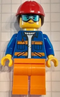 LEGO Construction Worker - Female, Blue Jacket with Diagonal Lower Pockets and Orange Stripes, Orange Legs, Red Construction Helmet with Dark Brown Ponytail Hair, Goggles minifigure