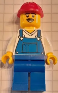 LEGO Construction Worker - Male, Blue Overalls over V-Neck Shirt, Blue Legs, Red Construction Helmet, Moustache minifigure