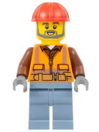 LEGO Airport Worker - Male, Orange Safety Vest, Reflective Stripes, Reddish Brown Shirt, Sand Blue Legs, Red Construction Helmet, Dark Bluish Gray Beard minifigure