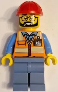 LEGO Construction Worker - Male, Orange Safety Vest with Reflective Stripes, Sand Blue Legs, Red Construction Helmet minifigure