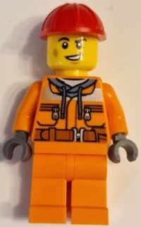 LEGO Construction Worker - Male, Orange Safety Jacket, Reflective Stripe, Sand Blue Hoodie, Orange Legs, Red Construction Helmet minifigure