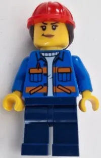 LEGO Construction Worker - Female, Blue Open Jacket with Pockets and Orange Stripes, Dark Blue Legs, Red Construction Helmet with Dark Brown Hair minifigure