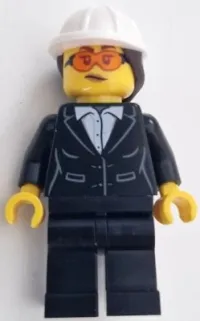 LEGO Construction Engineer / Architect - Female, Black Suit Jacket, White Button Up Shirt, Black Legs, Glasses, White Construction Helmet with Dark Brown Hair minifigure