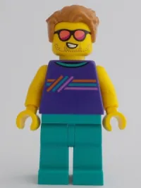 LEGO Ice-Cream Shop Customer - Male, Dark Purple Sleeveless Shirt with Stripes, Dark Turquoise Legs, Medium Nougat Hair, Sunglasses minifigure