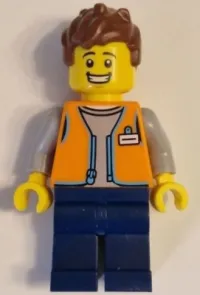 LEGO Convenience Store Worker - Male, Orange Open Vest, Dark Blue Legs, Reddish Brown Hair minifigure