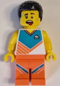 LEGO Fitness Instructor - Male, White Shirt with Dark Turquoise Panel, Coral Legs, Black Hair minifigure
