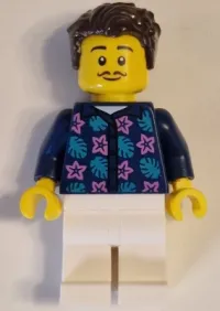LEGO Apartment Building Resident - Male, Dark Blue Jacket with Flowers and Leaves, White Legs, Dark Brown Hair, Moustache minifigure