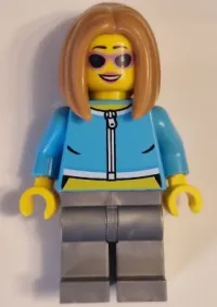 LEGO Apartment Building Resident - Female, Medium Azure Crop Top Jacket, Flat Silver Legs, Medium Nougat Hair, Sunglasses minifigure
