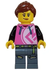 LEGO Kick Scooter Driver - Female, Dark Pink Hoodie, Dark Bluish Gray Legs minifigure