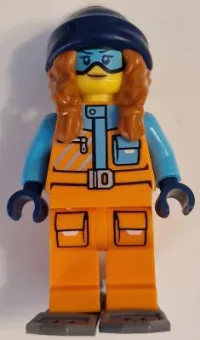 LEGO Arctic Explorer - Female, Orange Jacket, Dark Orange Braids with Dark Blue Beanie, Medium Azure Goggles, Dark Bluish Gray Snowshoes minifigure