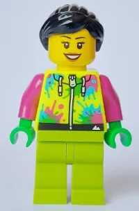 LEGO Mountain Bike Cyclist - Female, Neon Yellow Jacket with Paint Splotches, Lime Legs, Black Hair minifigure