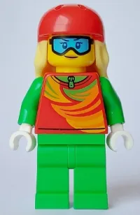 LEGO Skier - Female, Red Top, Bright Green Legs, Red Sports Helmet, Bright Light Yellow Long Hair, Ski Goggles minifigure