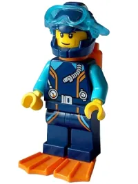 LEGO Arctic Explorer Diver - Male, Dark Blue Diving Suit and Helmet, Orange Air Tanks and Flippers, Trans-Light Blue Diver Mask, Closed Smile minifigure