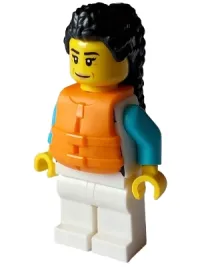 LEGO Arctic Explorer - Female, White Jacket over Medium Azure Shirt, White Legs, Black Hair, Orange Life Jacket minifigure
