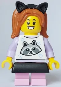 LEGO Comic Shop Customer - Child Girl, White Top with Racoon, Bright Pink Short Legs, Dark Orange Pigtails with Cat Ears minifigure