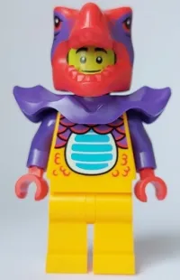 LEGO Comic Shop Guy - Male, Bright Light Orange Dragon Suit and Legs, Red Dragon Head, Dark Purple Shoulder Armor minifigure