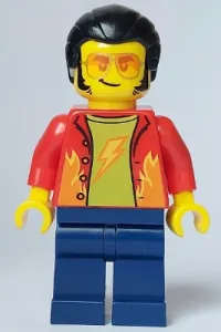 LEGO Noodle Vendor - Male, Red Shirt, Dark Blue Legs, Black Hair, Sunglasses minifigure