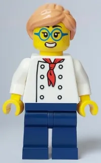 LEGO Pizza Chef - Female, White Torso with 8 Buttons, Dark Blue Legs, Nougat Hair, Glasses minifigure