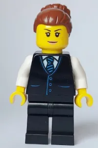 LEGO Hotel Receptionist - Female, Black Jacket with Tie, Black Legs, Reddish Brown Hair minifigure