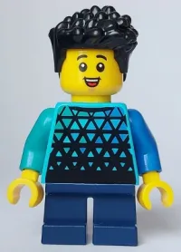 LEGO Child Boy, Medium Azure Top with Triangles, Dark Blue Short Legs, Black Hair minifigure