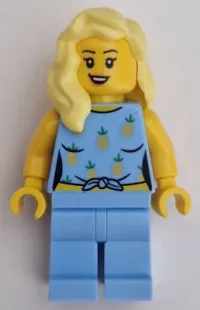 LEGO Car Driver - Female, Bright Light Blue Knotted Top with Pineapples and Legs, Bright Light Yellow Hair minifigure