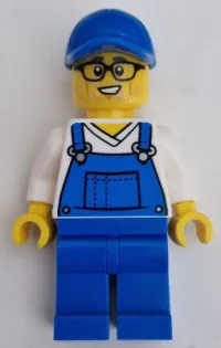 LEGO Car Cleaner - Male, Blue Overalls over V-Neck Shirt, Blue Legs, Blue Cap, Glasses, Stubble minifigure
