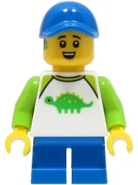 LEGO Boy - White Dinosaur Shirt with Lime Sleeves, Blue Short Legs, Blue Cap minifigure