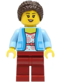 LEGO Mom - White Shirt with Coral Flowers, Bright Light Blue Jacket, Dark Red Legs, Dark Brown Braided Hair with Knot Bun minifigure