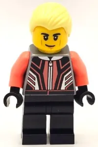 LEGO Race Car Driver - Male, Black and Coral Racing Suit, Black Legs, Bright Light Yellow Hair minifigure