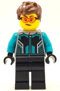 LEGO Race Car Driver - Female, Black and Dark Turquoise Racing Suit, Black Legs, Reddish Brown Hair, Safety Glasses minifigure