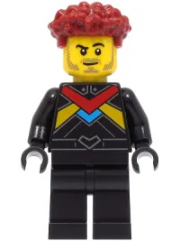 LEGO Race Car Driver - Male, Black Racing Suit with Red, Dark Azure and Bright Light Orange Stripes, Dark Red Hair minifigure