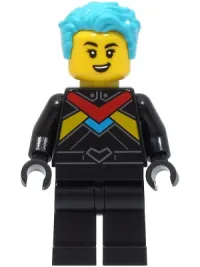 LEGO Race Boat Driver - Female, Black Racing Suit with Red, Dark Azure and Bright Light Orange Stripes, Medium Azure Hair minifigure