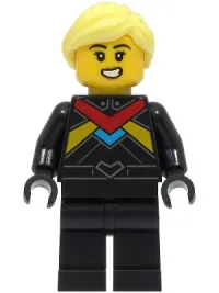 LEGO Monster Truck Driver - Female, Black Racing Suit with Red, Dark Azure and Bright Light Orange Stripes, Bright Light Yellow Hair minifigure