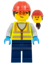 LEGO Airport Worker - Female, Neon Yellow Safety Vest, Dark Blue Legs, Red Construction Helmet with Dark Brown Ponytail Hair, Safety Glasses minifigure