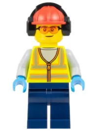 LEGO Airport Worker - Male, Neon Yellow Safety Vest, Dark Blue Legs, Red Construction Helmet with Black Ear Protectors / Headphones, Safety Glasses minifigure