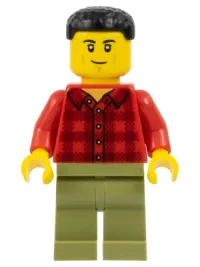 LEGO Plane Passenger - Male, Red Plaid Flannel Shirt, Olive Green Legs, Black Short Hair minifigure