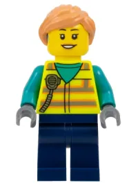 LEGO Airport Worker - Female, Neon Yellow Safety Vest with Radio, Dark Blue Legs, Nougat Ponytail Hair, Hearing Aid minifigure