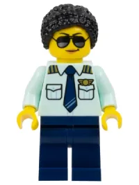 LEGO Passenger Plane Pilot - Female, Light Aqua Uniform Shirt with Tie, Dark Blue Legs, Black Braided Hair with Knot Bun, Sunglasses minifigure