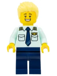 LEGO Passenger Plane Pilot - Male, Light Aqua Uniform Shirt with Tie, Dark Blue Legs, Bright Light Yellow Spiked Hair Swept Up minifigure