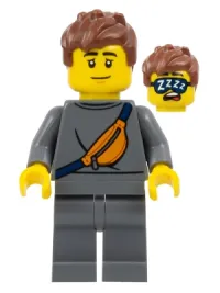 LEGO Plane Passenger - Male, Dark Bluish Gray Tracksuit, Reddish Brown Short Spiky Hair, Belt Bag minifigure