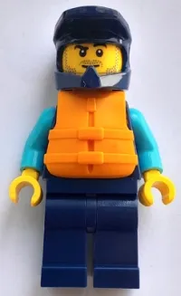 LEGO Water Scooter Driver - Male, Dark Blue Diving Suit and Dirt Bike Helmet, Orange Life Jacket, Lopsided Smirk minifigure