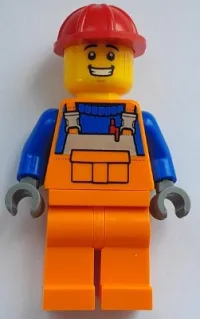 LEGO Construction Worker - Male, Orange Overalls with Reflective Stripe and Buckles over Blue Shirt, Orange Legs, Red Construction Helmet, Open Mouth Smile minifigure