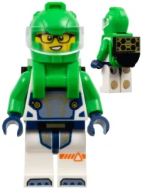 LEGO Astronaut - Male, Bright Green Helmet, Bright Green Backpack with Solar Panel and Tile Round Half, White Space Suit with Bright Green Arms set