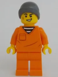 LEGO Police - City Jail Prisoner Male, Orange Prison Jumpsuit, Dark Bluish Gray Beanie, Scruff Mark minifigure