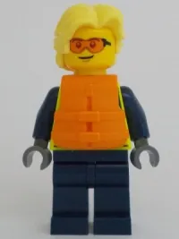 LEGO Police - City Officer Male, Neon Yellow Safety Vest, Orange Safety Glasses and Life Jacket, Bright Light Yellow Hair minifigure