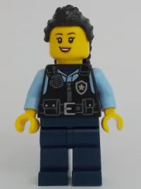 LEGO Police - City Officer Female, Black Safety Vest, Dark Blue Legs, Black Hair Long with Braided Ponytail set