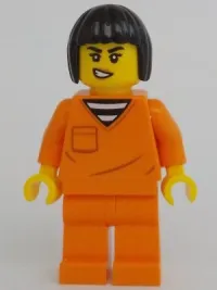 LEGO Police - City Jail Prisoner Female, Orange Prison Jumpsuit, Black Bob Cut Hair Short minifigure