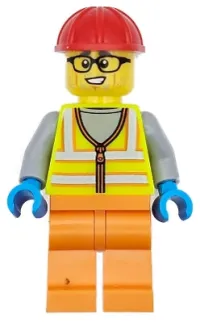 LEGO Construction Worker - Male, Neon Yellow Safety Vest, Orange Legs, Red Construction Helmet, Black Glasses minifigure