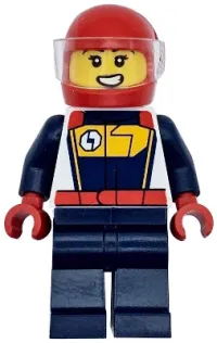 LEGO Race Car Driver - Female, White, Dark Blue and Bright Light Orange Racing Suit, Dark Blue Legs, Red Helmet set