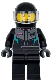 LEGO Race Car Driver - Male, Black, Dark Bluish Gray and Dark Turquoise Racing Suit with Hawk, Black Legs, Helmet minifigure